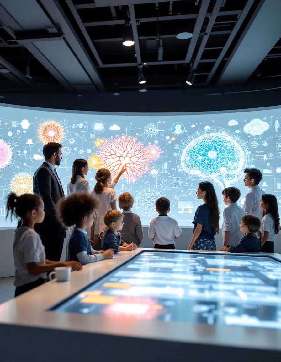 Group looking at neural network digital display