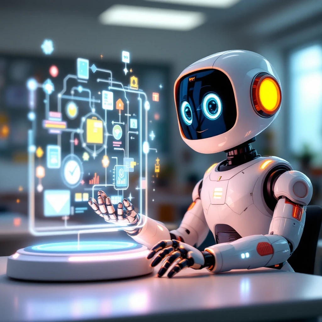 Robot illustration with digital learning icons